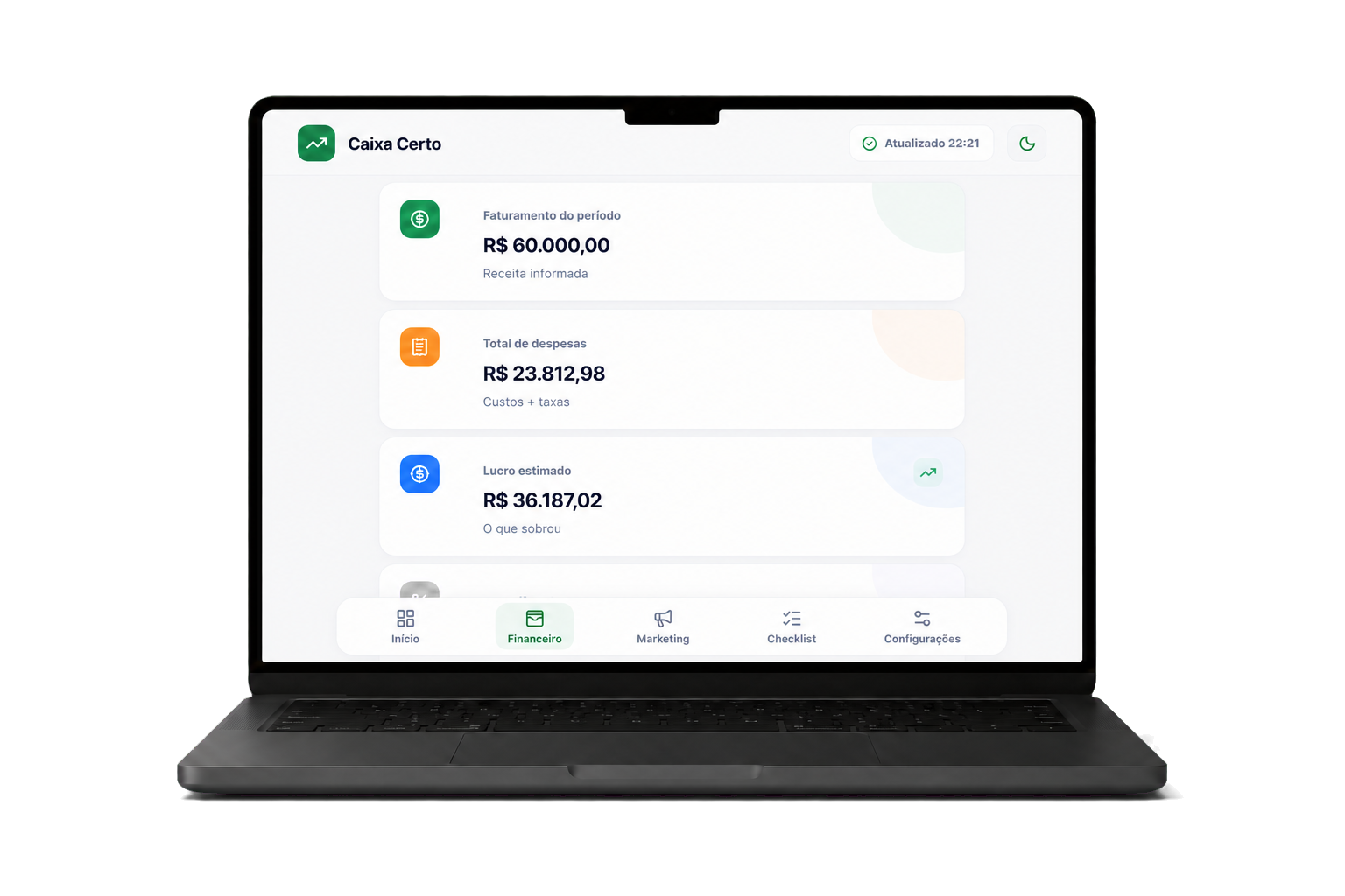 Painel financeiro do Caixa Certo em um notebook