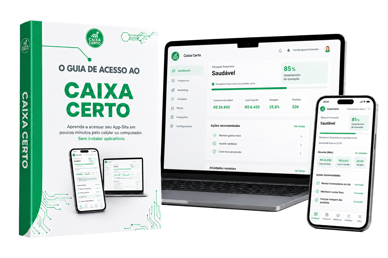 Guia de acesso, notebook e celular apresentando o Caixa Certo